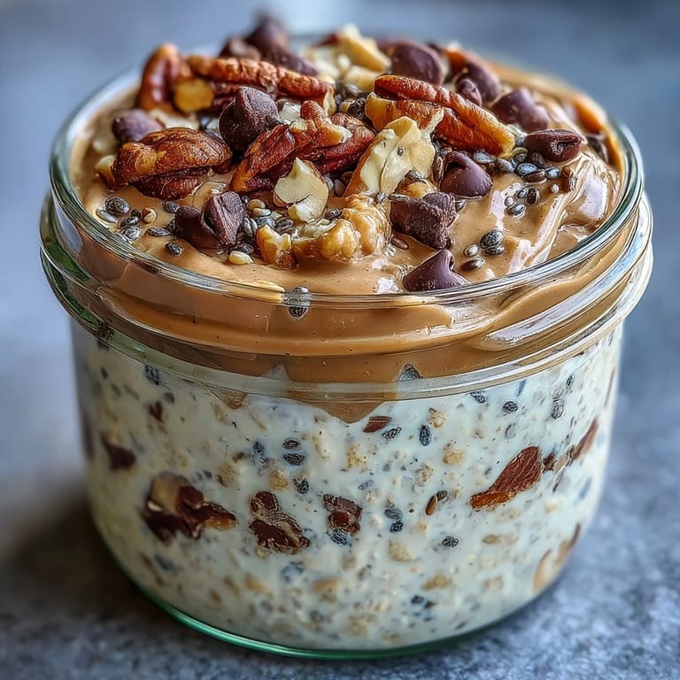 Vivid shot of Protein Cookie Dough Overnight Oats topped with nut butter goodness.