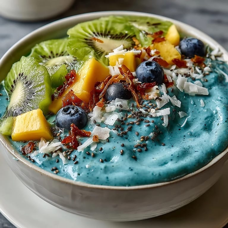A refreshing blue spirulina smoothie bowl, artfully garnished with fresh fruit.