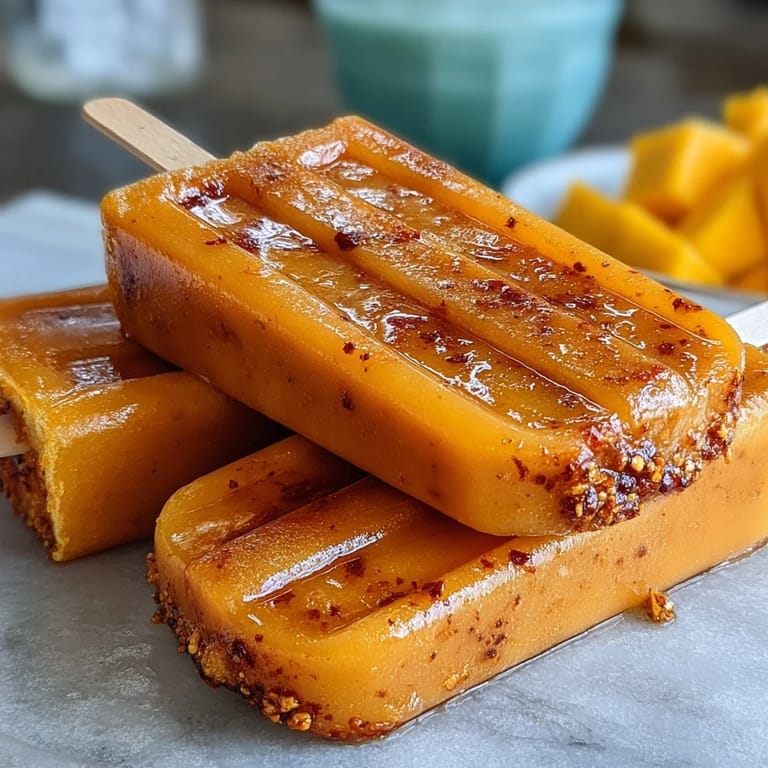 Bright orange mango chamoy popsicles swirled with red, dusted lightly with Tajin seasoning.
