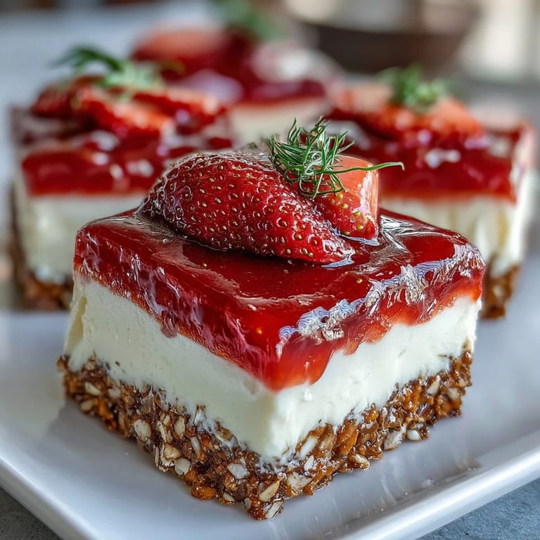 Glistening strawberry pretzel salad bars, a summer picnic crowd-pleaser.