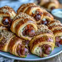 Mini baseball hot dogs in crescent roll dough, golden and flaky, perfect for game day snacking or party platters.