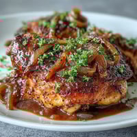 Soul Food Smothered Chicken with Onion Gravy served over fluffy mashed potatoes in a cast iron skillet.