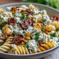 Zesty Elote Pasta Salad with creamy Cotija, chili, and lime in a vibrant bowl, perfect for summer gatherings or BBQs.