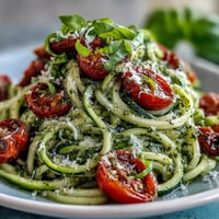 Zucchini noodles tossed with vibrant pesto and juicy cherry tomatoes for a fresh, healthy meal