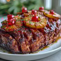 Honey glazed ham with pineapple rings and cherries, a sweet and savory centerpiece for festive meals.  