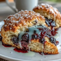 Golden Lemon Blueberry Scones, topped with a sweet, tangy lemon glaze, ready for brunch.