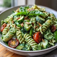 Vibrant Green Goddess Pasta Salad with creamy avocado dressing, perfect for summer picnics.