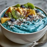 Vibrant blue spirulina smoothie bowl topped with luscious tropical fruits.