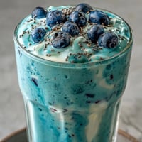 Creamy probiotic kefir smoothie with vibrant blueberries, blended for a healthy breakfast.